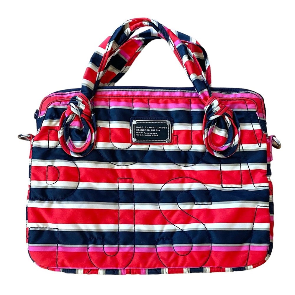 Marc Jacobs Red Navy Blue Multicolor Striped Quilted Laptop Bag Case Nylon 14”